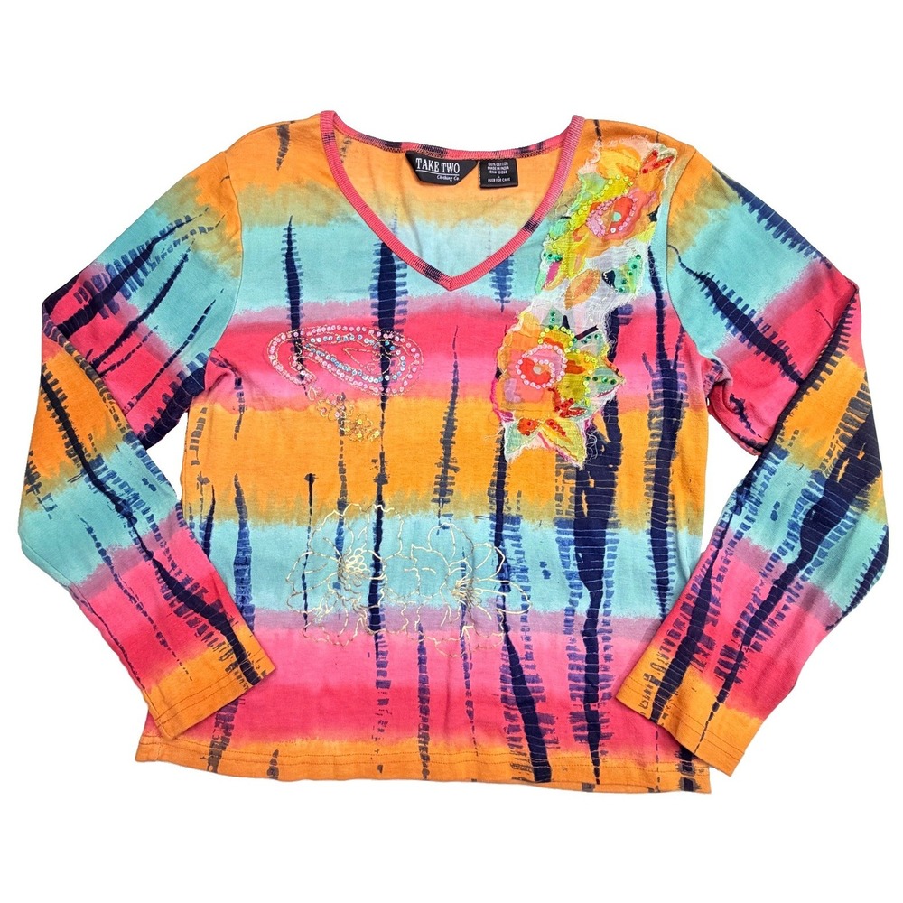 Take Two Clothing Co Women's L Cotton Tie Dye Sequin Top Boho Art to Wear